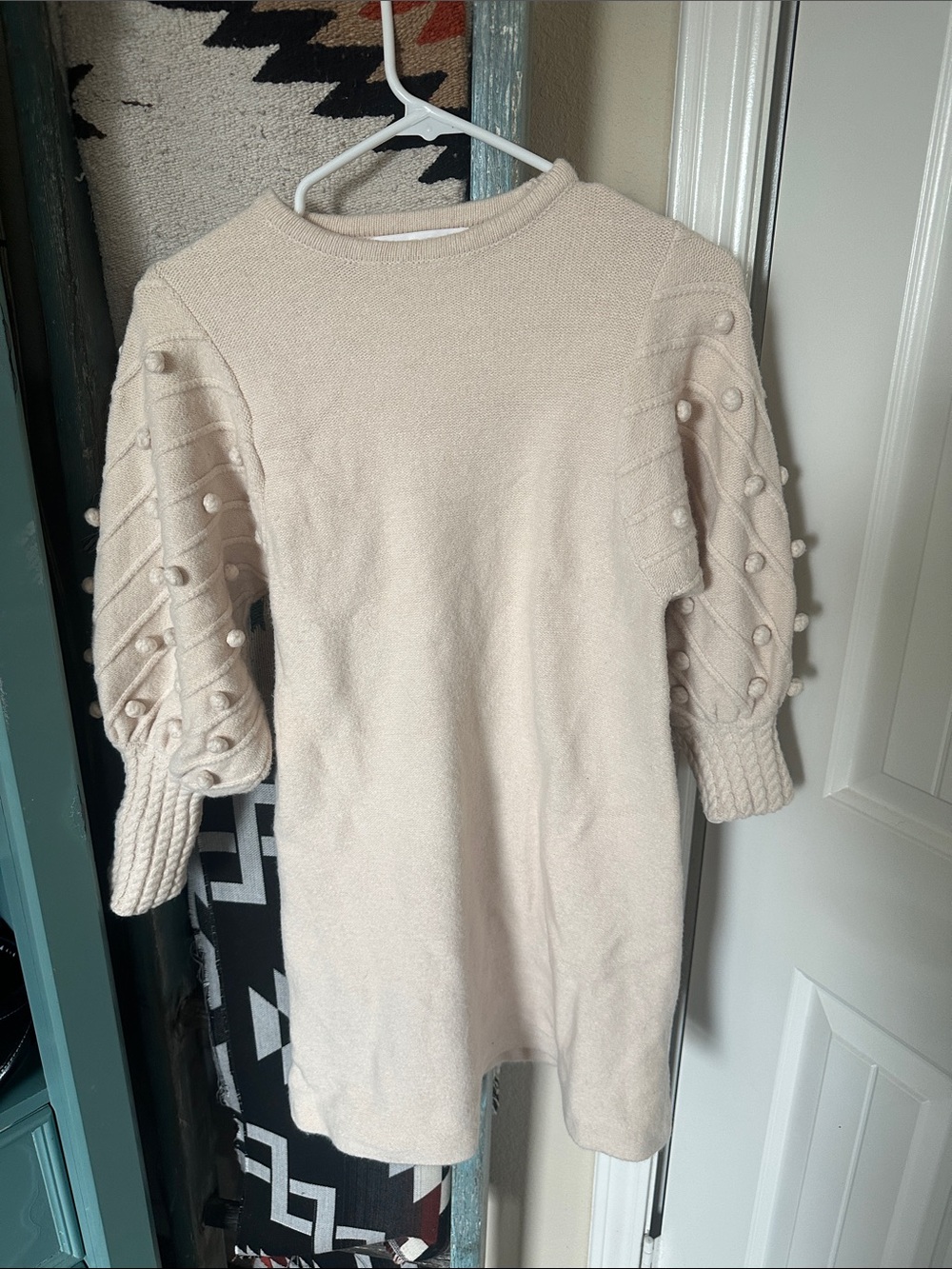 Karlie Cream Pom-Pom Sleeve Crew Neck Sweater Dress